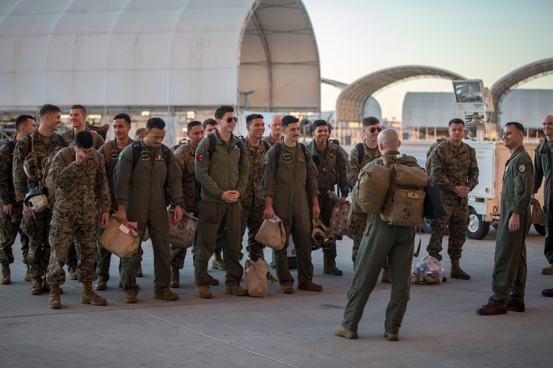 U.S. Marines attached to 11th Marine Expeditionary Unit (MEU) return home and are welcomed by friends and family on Marine Corps Air Station (MCAS) Yuma, Ariz.,  Nov 24, 2019.