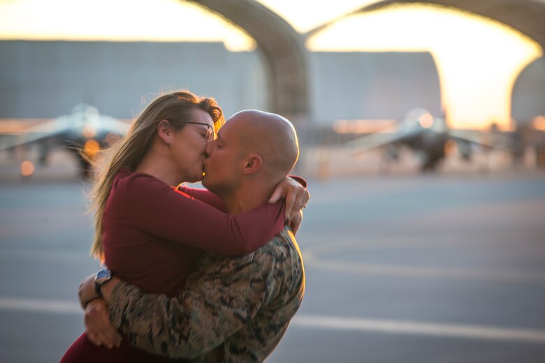 U.S. Marines attached to 11th Marine Expeditionary Unit (MEU) return home and are welcomed by friends and family on Marine Corps Air Station (MCAS) Yuma, Ariz.,  Nov 24, 2019. The 11th MEU is a foward-deployed, sea-based Marine air-ground task force, with the inclusion of multiple tenant squadrons aboard MCAS Yuma. (U.S. Marine Corps photo by Lance Cpl John Hall)