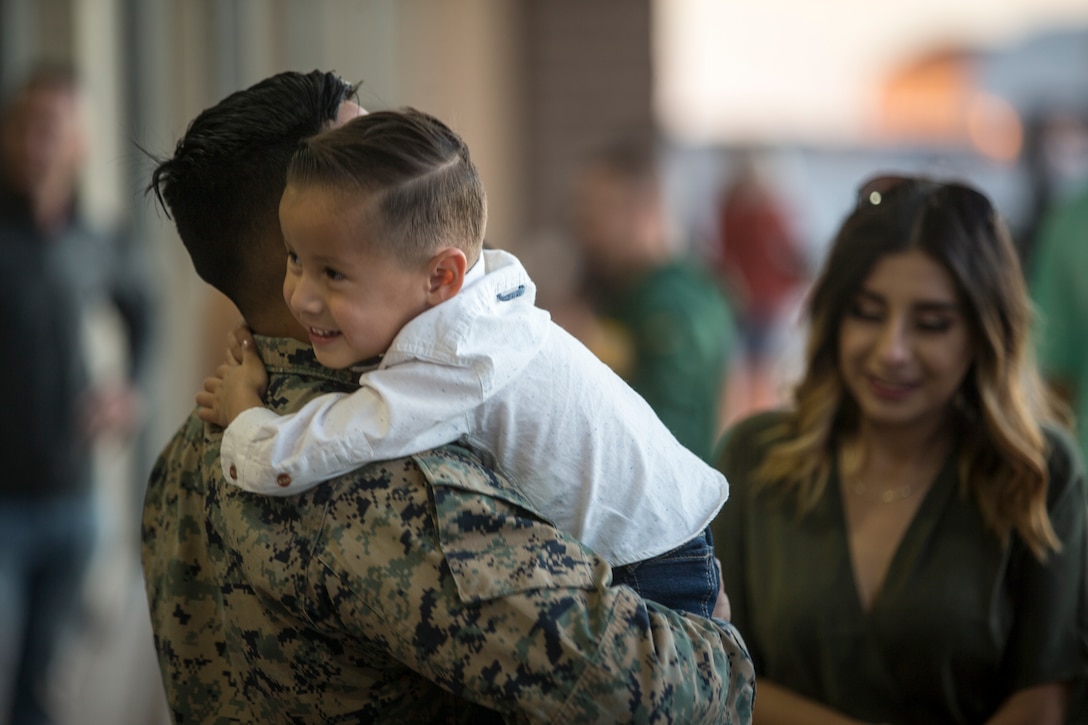 U.S. Marines attached to 11th Marine Expeditionary Unit (MEU) return home and are welcomed by friends and family on Marine Corps Air Station (MCAS) Yuma, Ariz.,  Nov 24, 2019.