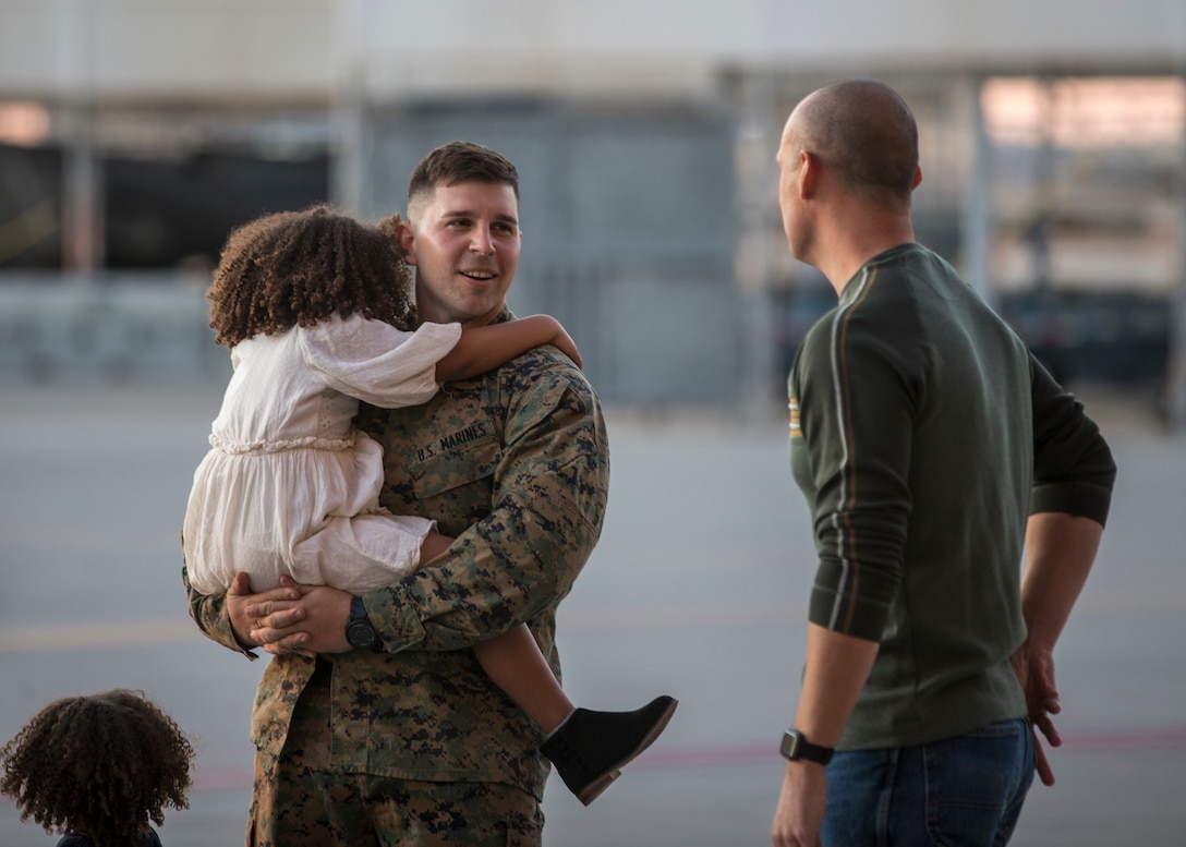 U.S. Marines attached to 11th Marine Expeditionary Unit (MEU) return home and are welcomed by friends and family on Marine Corps Air Station (MCAS) Yuma, Ariz.,  Nov 24, 2019.
