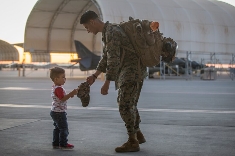 U.S. Marines attached to 11th Marine Expeditionary Unit (MEU) return home and are welcomed by friends and family on Marine Corps Air Station (MCAS) Yuma, Ariz.,  Nov 24, 2019. The 11th MEU is a foward-deployed, sea-based Marine air-ground task force, with the inclusion of multiple tenant squadrons aboard MCAS Yuma. (U.S. Marine Corps photo by Lance Cpl John Hall)