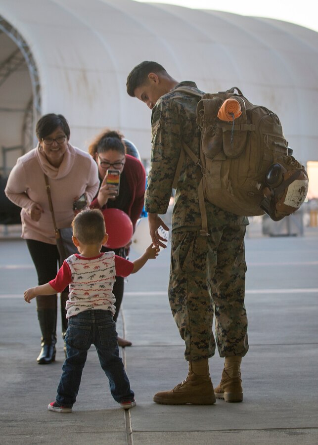 U.S. Marines attached to 11th Marine Expeditionary Unit (MEU) return home and are welcomed by friends and family on Marine Corps Air Station (MCAS) Yuma, Ariz.,  Nov 24, 2019.
