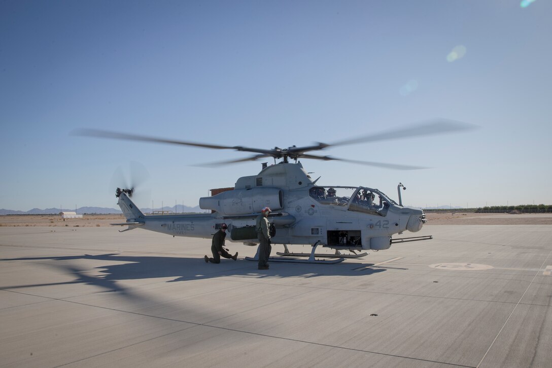 U.S. Marines with Marine Test and Evaluation Squadron One (VMX-1) conduct a live fire training exercise with the AH-1Z Cobra and F-35B Lightning II in Yuma, Ariz., Nov. 26, 2019.