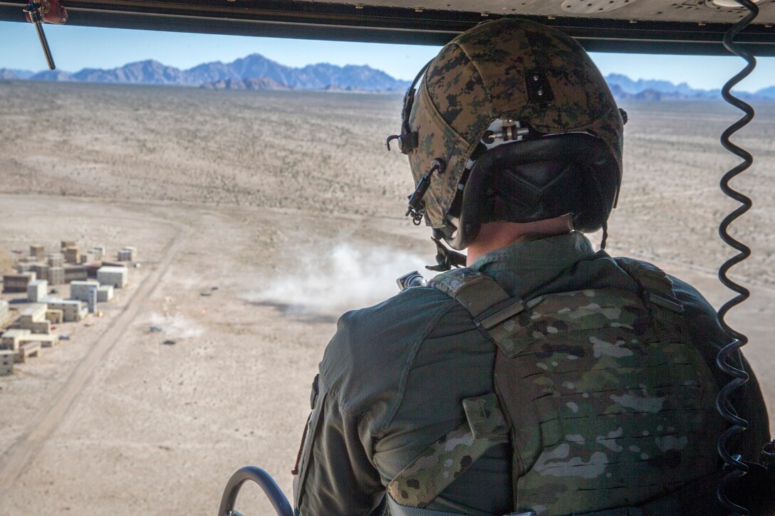 U.S. Marines with Marine Test and Evaluation Squadron One (VMX-1) conduct a live fire training exercise with the AH-1Z Cobra and F-35B Lightning II in Yuma, Ariz., Nov. 26, 2019. VMX-1 is an operational test squadron that tests multiple aircraft, allowing for the continuation of safety improvements, aircraft reliability, and overall lethality of Marine Corps aircraft. (U.S. Marine Corps photo by Lance Cpl. John Hall)