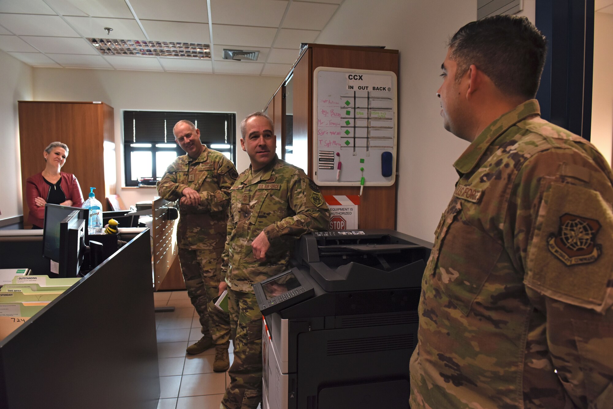 U.S. Air Force Maj. Gen. John Gordy, U.S. Air Force Expeditionary Center commander, and U.S. Air Force Chief Master Sgt. Kristopher Berg, USAF Expeditionary Center command chief, speak with 724th Air Mobility Squadron personnel about their duties at Aviano Air Base, Italy, Jan. 24, 2020. USAF Expeditionary Center leadership visited Aviano Air Base as part of a larger visit to the geographically separated units under the 521st Air Mobility Operations Wing’s area of responsibility.