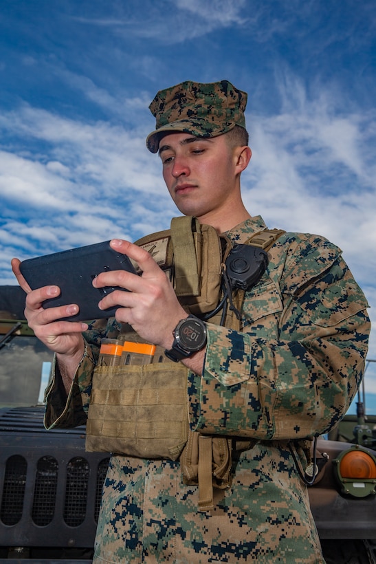 Cpl. Nicholas Caltabiano, joint fires support man and observer with 2nd Air Naval Gunfire Liaison Company, II Marine Expeditionary Force Information Group, poses for a photo at Camp Lejeune, N.C., Jan. 27, 2020. "To be a boss is easy, but to be a leader is a challenge every day," said Caltabiano, an East Setauket, N.Y., native. "Always push yourself and seek self improvement, lead by example and train hard." According to his leadership, Caltabiano’s first priority is ensuring his Marines receive realistic training, resulting in high performance and overall mission success. (U.S. Marine Corps photo by Lance Cpl. Haley McMenamin)