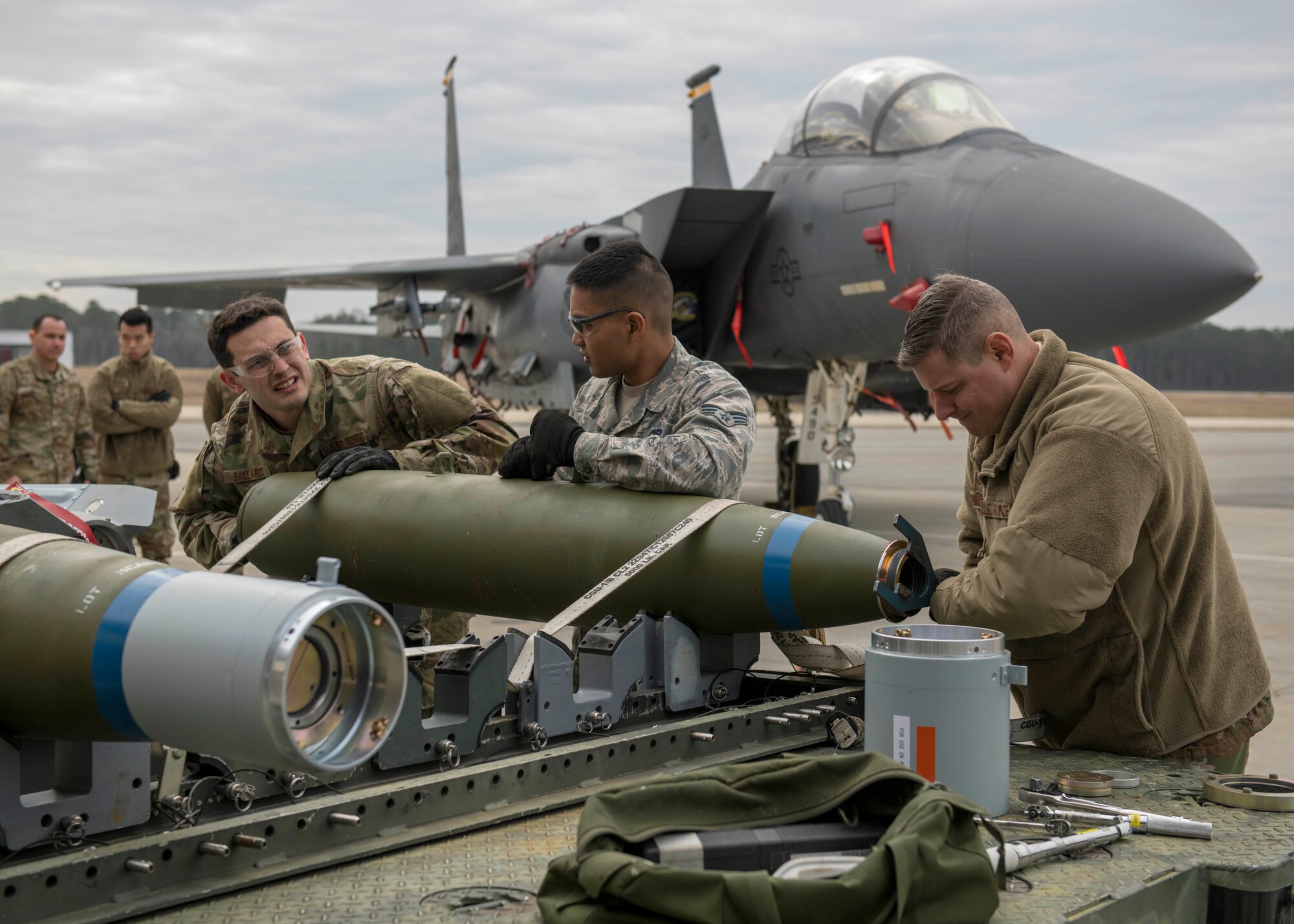Airmen from the 4th Munitions Squadron assemble munitions during a quarterly Load Crew Competition.
