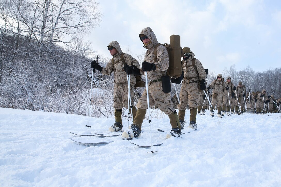 A line of service members ski through the woods.