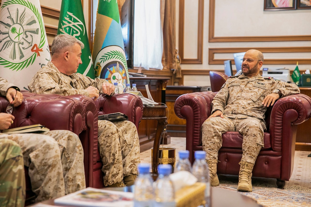 U.S. Marine Corps Gen. Kenneth F. McKenzie Jr., the commander of U.S. Central Command, left, meets with Gen. Fayyad Bin Hamed Al-Ruwaili, the military Chief of Staff of Saudi Arabia, Jan. 28, 2019. (U.S. Marine Corps photo by Sgt. Roderick Jacquote)