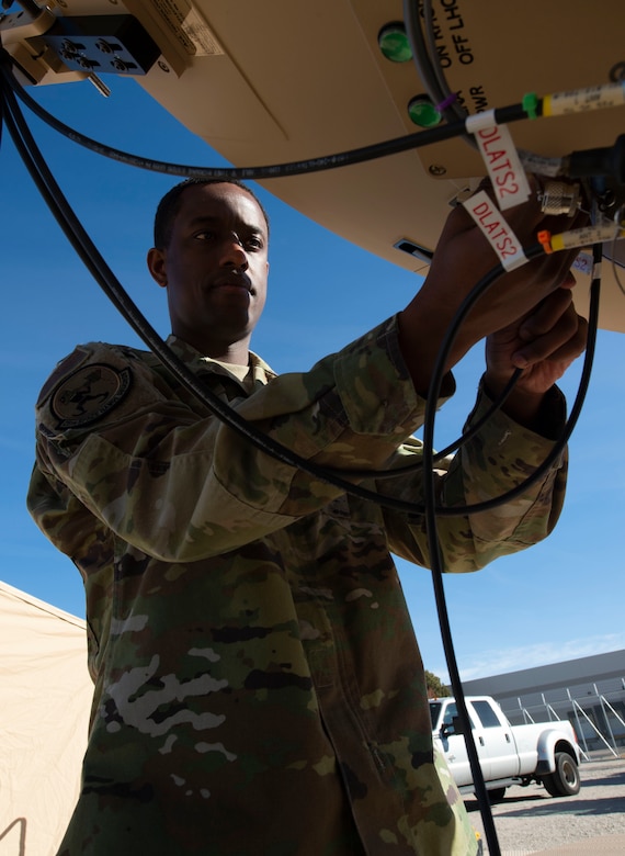 Tech. Sgt. Maurice Moyer, 25th Space Range Squadron standardization and evaluation noncommissioned officer in charge, performs maintenance on an antenna at their warehouse, Colorado Springs, Colorado, Jan. 24, 2020. The squadron is responsible for providing a platform for developing lethal, agile and resilient joint warfighters. (U.S. Air Force photo by Staff Sgt. Matthew Coleman-Foster)