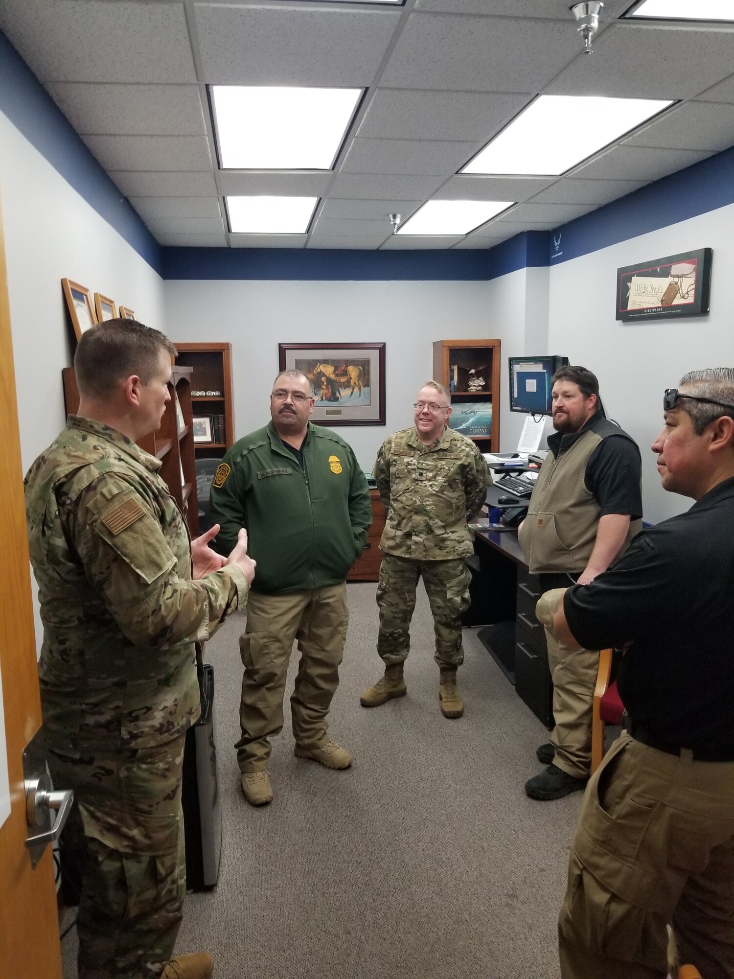 Laughlin Chapel staff and U.S. Customs and Border Protection chaplains tour the chapel at Laughlin Air Force Base, Texas on 27 Jan. 2020. The teams met for a round table discussion, went on a tour, spent some time in flight rooms seeing the nuts and bolts of the pilot training mission and then had lunch together. (U.S. Air Force photo by Joel Langton)