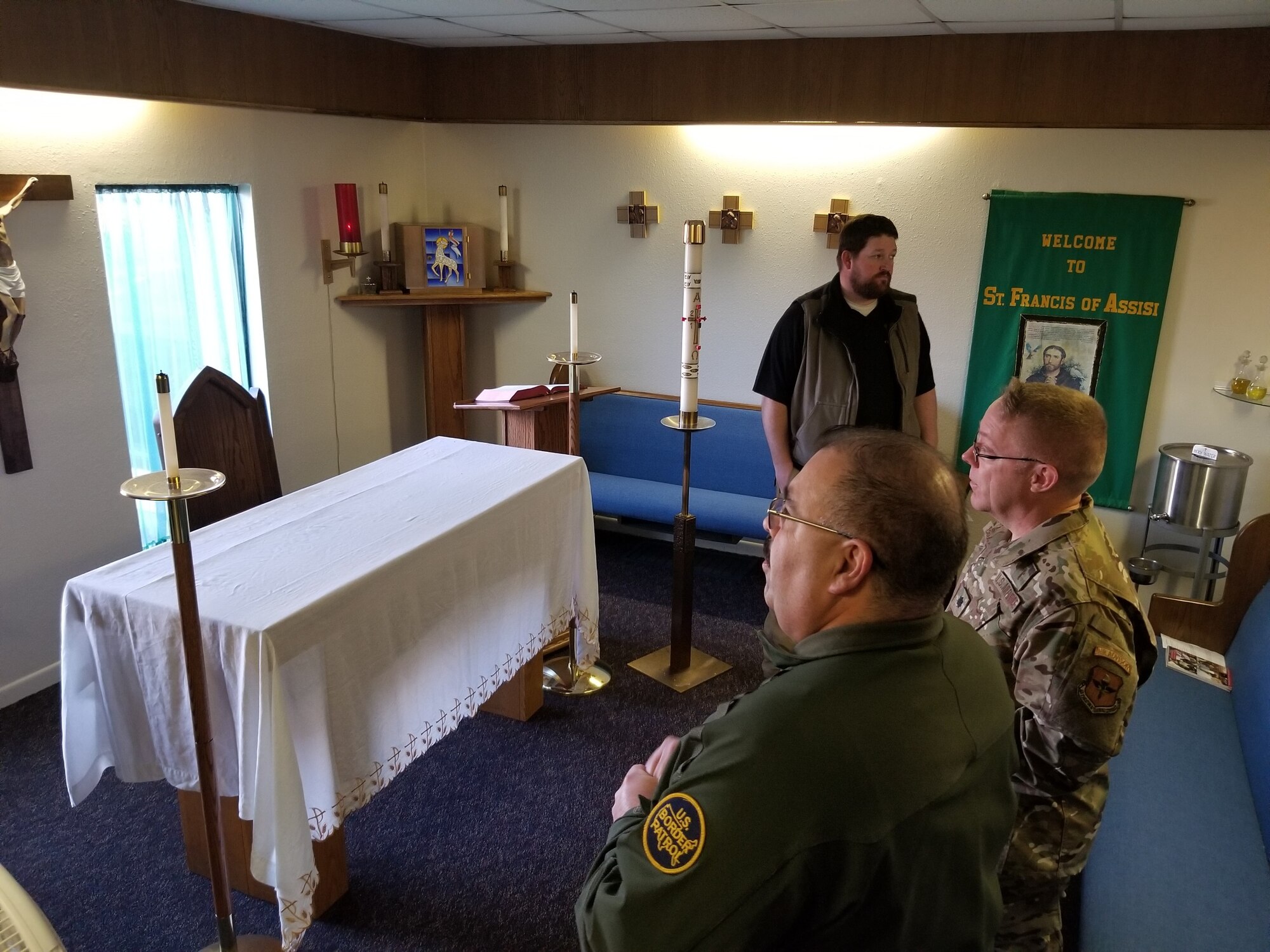 Laughlin Chapel staff and U.S. Customs and Border Protection chaplains tour the chapel at Laughlin Air Force Base, Texas on 27 Jan. 2020. The teams met for a round table discussion, went on a tour, spent some time in flight rooms seeing the nuts and bolts of the pilot training mission and then had lunch together. (U.S. Air Force photo by Joel Langton)