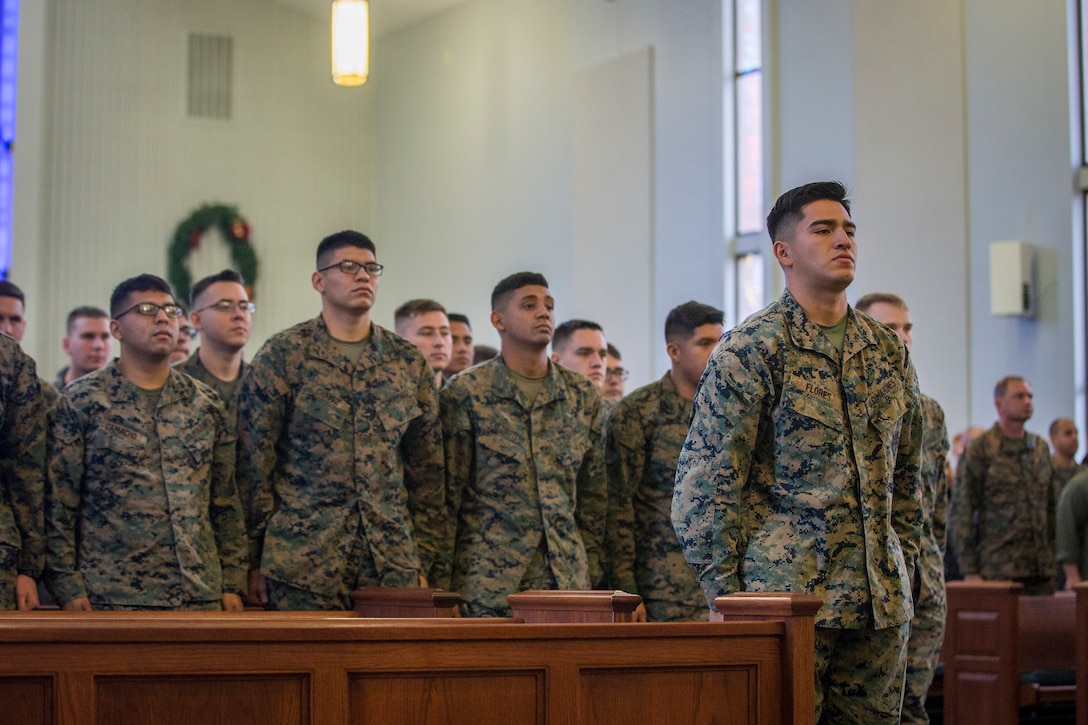 U.S. Marines stationed on Marine Corps Air Station (MCAS) Yuma graduate from Lance Corpal Seminar 1-20 at the MCAS Yuma station chapel, Dec. 6, 2019.
