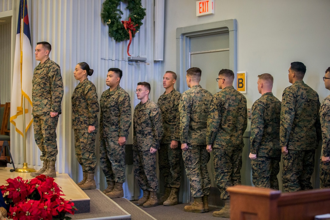 U.S. Marines stationed on Marine Corps Air Station (MCAS) Yuma graduate from Lance Corpal Seminar 1-20 at the MCAS Yuma station chapel, Dec. 6, 2019.