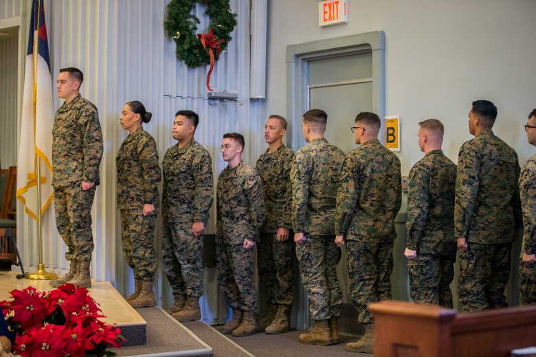 U.S. Marines stationed on Marine Corps Air Station (MCAS) Yuma graduate from Lance Corpal Seminar 1-20 at the MCAS Yuma station chapel, Dec. 6, 2019. The purpose of the course is to help junior Marines develop an understanding of what it takes to be a leader of Marines, by teaching them leadership principles and leadership traits. (U.S. Marine Corps photo by Lance Cpl John Hall)