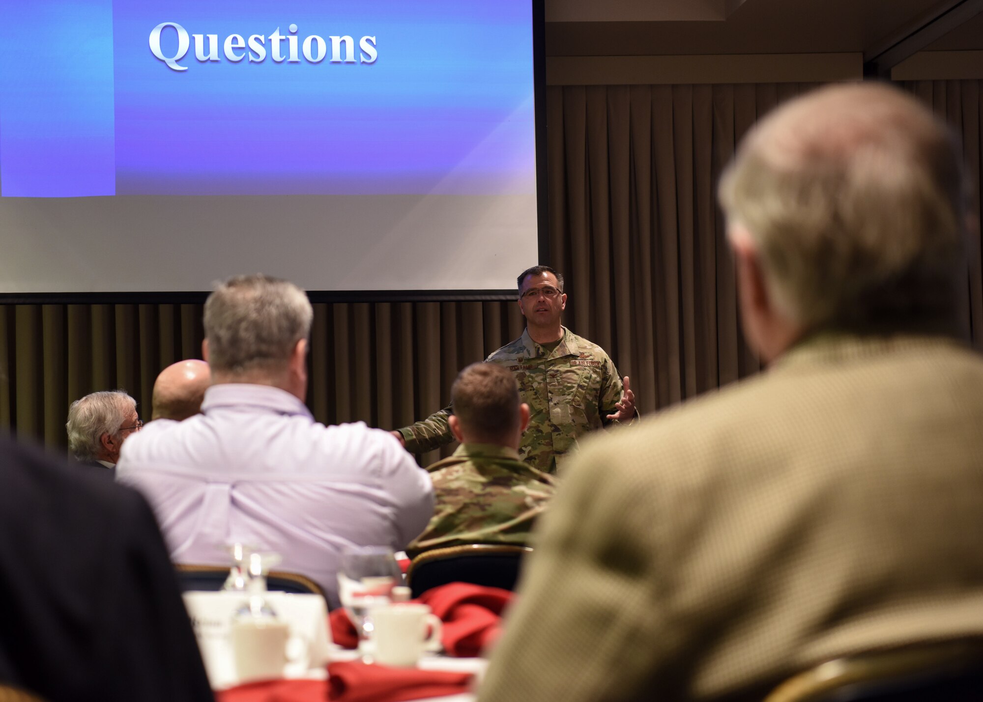 Col. Anthony Mastalir, 30th Space Wing commander, speaks to community leaders in attendance of the annual honorary commanders breakfast Jan. 24, 2020, at Vandenberg Air Force Base, Calif. The honorary commanders program aims to promote public awareness of the Air Force's missions, policies and programs while providing a unique opportunity for Vandenberg area civilians to shadow commanders of groups, squadrons and tenant units at the base. (U.S. Air Force photo by Airman 1st Class Aubree Milks)