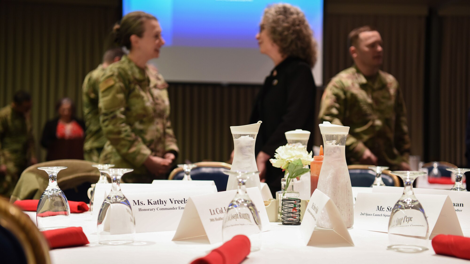 Leadership from Vandenberg Air Force Base, Calif. and community members gather for an annual honorary commanders breakfast Jan. 24, 2020, at Vandenberg AFB. The honorary commanders program provides community and business leaders the chance to be involved with units across base for two years and learn more about the unique missions and lives of Airmen. (U.S. Air Force photo by Airman 1st Class Aubree Milks)