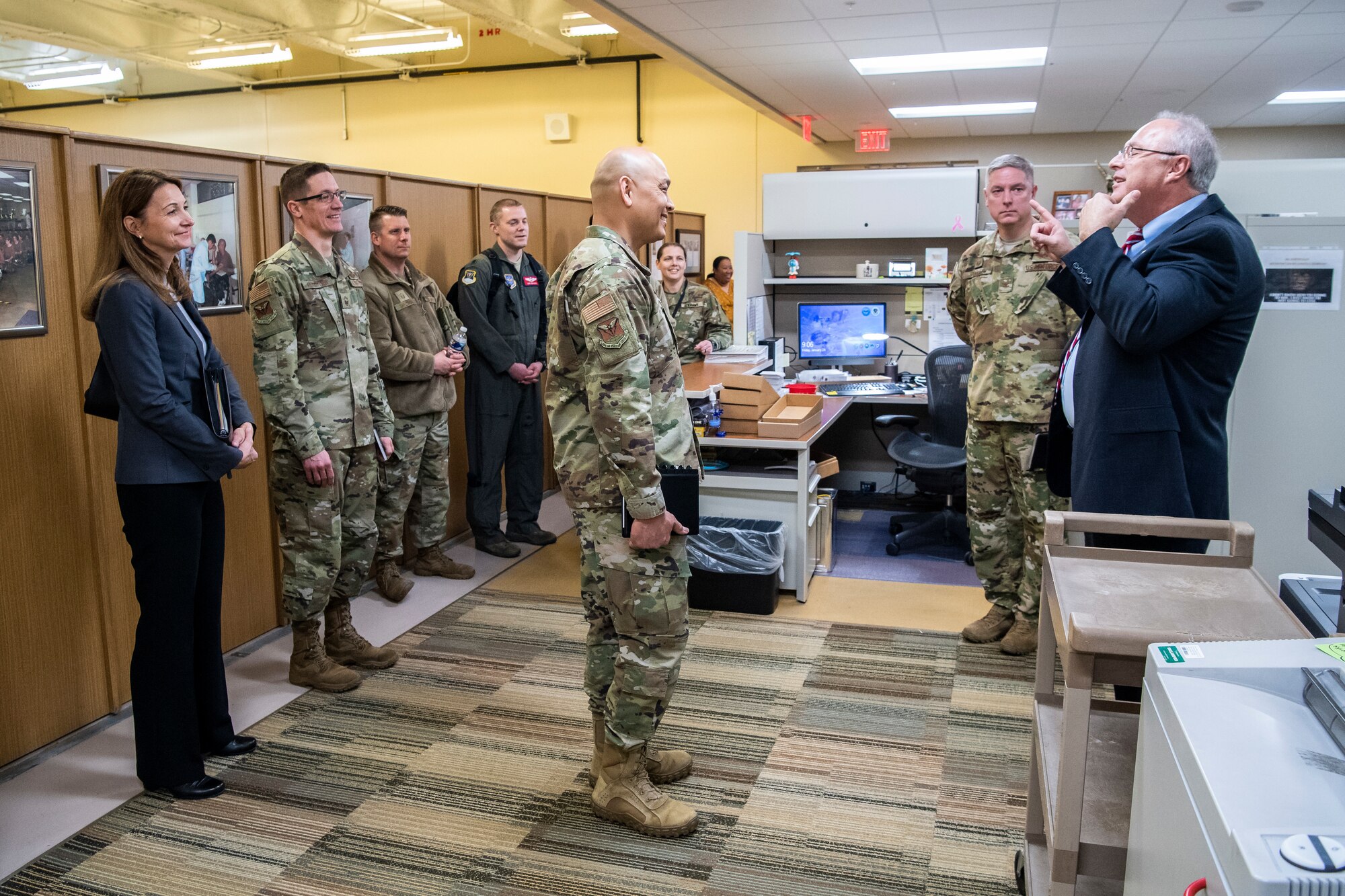 Mark Vojtecky, Armed Forces Medical Examiner System (AFMES) chief of staff, briefs distinguished visitors Jan. 24, 2020, at Dover Air Force Base, Del. Brig. Gen. Jimmy Canlas, 618th Air Operations Center commander and his team, visited AFMES to learn more about their forensic investigative services, including forensic pathology, DNA forensics, forensic toxicology and medical mortality surveillance. (U.S. Air Force photo by Senior Airman Christopher Quail)
