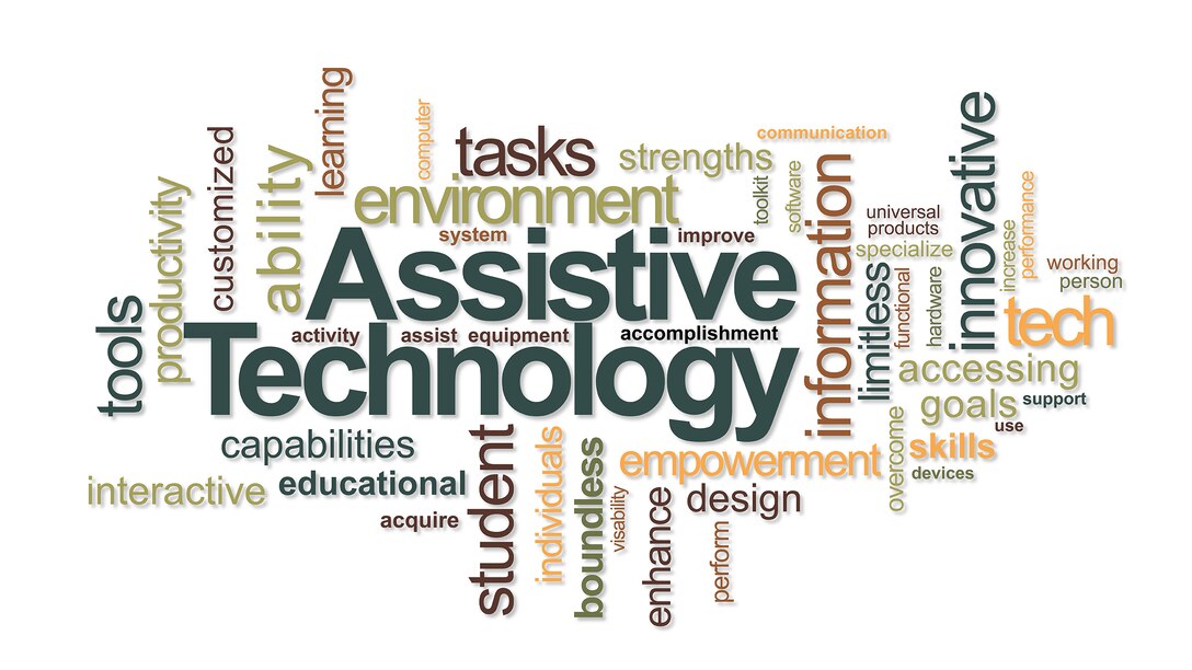Graphic with Assistive Technology in the center with several other words around it.