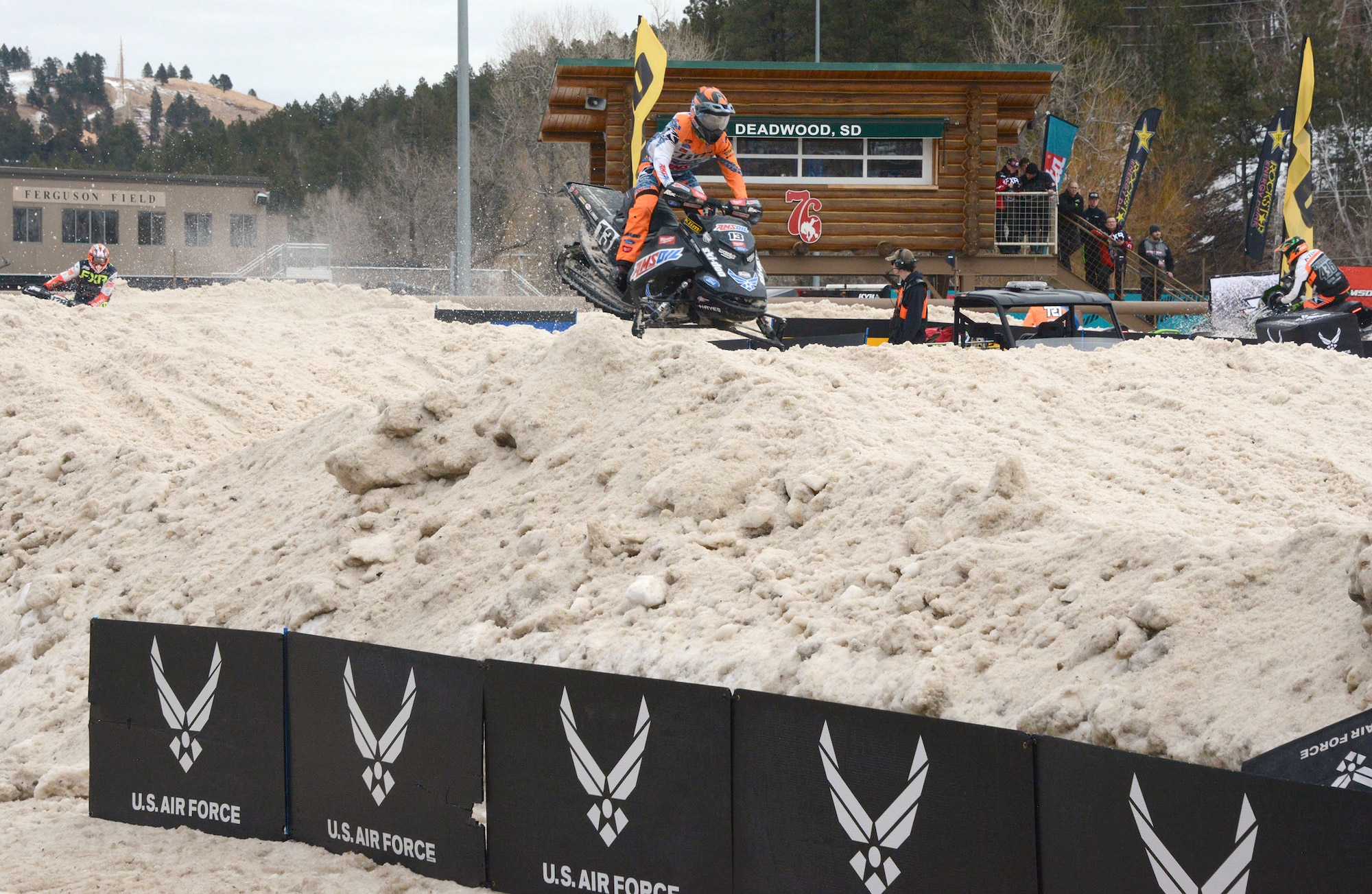 Air Force sponsored Snocross driver Hunter Patenaude, making it around the track during qualifying for the U.S. Air Force Snocross National in Deadwood, South Dakota.