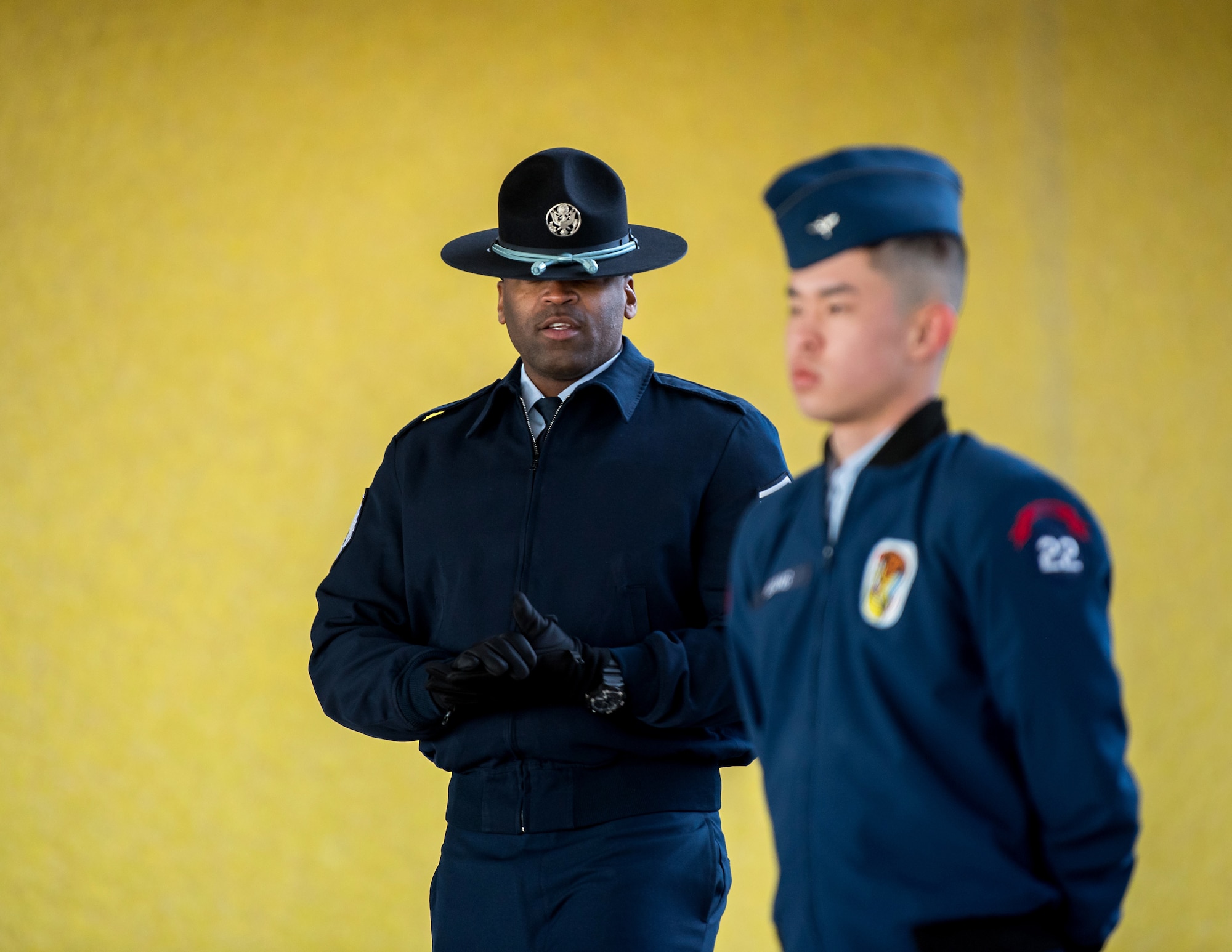 Master Sgt. Marcus Coley, a military training instructor, observes cadet training at the U.S. Air Force Academy, Jan. 29, 2020. The Academy is adding five MTIs to its Cadet Wing staff to enhance the military training program (U.S. Air Force photo/Trevor Cokley).