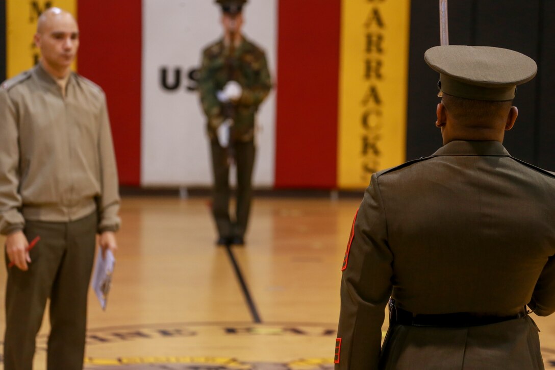 Marines with Marine Barracks Washington D.C. conduct drill during Ceremonial Drill School (CDS) evaluations at Marine Barracks Washington, D.C., Jan. 28, 2020. The three-week CDS course teaches Marines the fundamentals of ceremonial drill that is unique to the “Oldest Post of the Corps.” (U.S. Marine Corps photo by Lance Cpl. Allen Sanders)