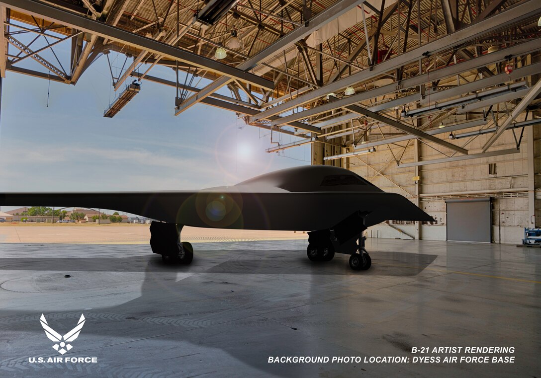 An artist's rendering of the B-21 in a hangar at Dyess Air Force Base.