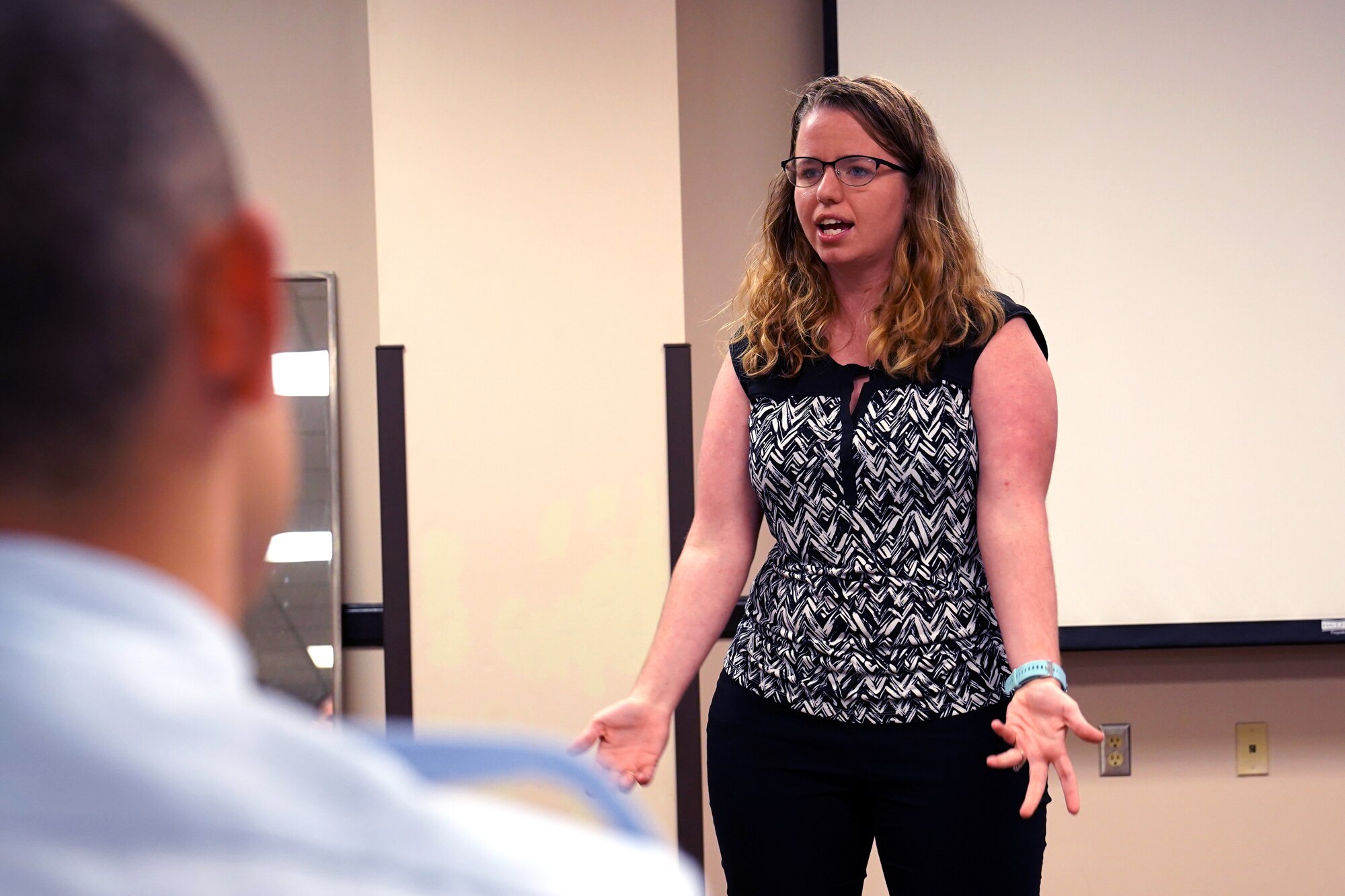Whitney Stone, 336th Training Squadron instructor, teaches the Goal Setting and Reflection Class inside Holbrook Manor at Keesler Air Force Base, Mississippi Jan. 22, 2020. The class was held to improve the productivity and resilience of the new Airmen in the 336th TRS. (U.S. Air Force photo by Airman 1st Class Seth Haddix)