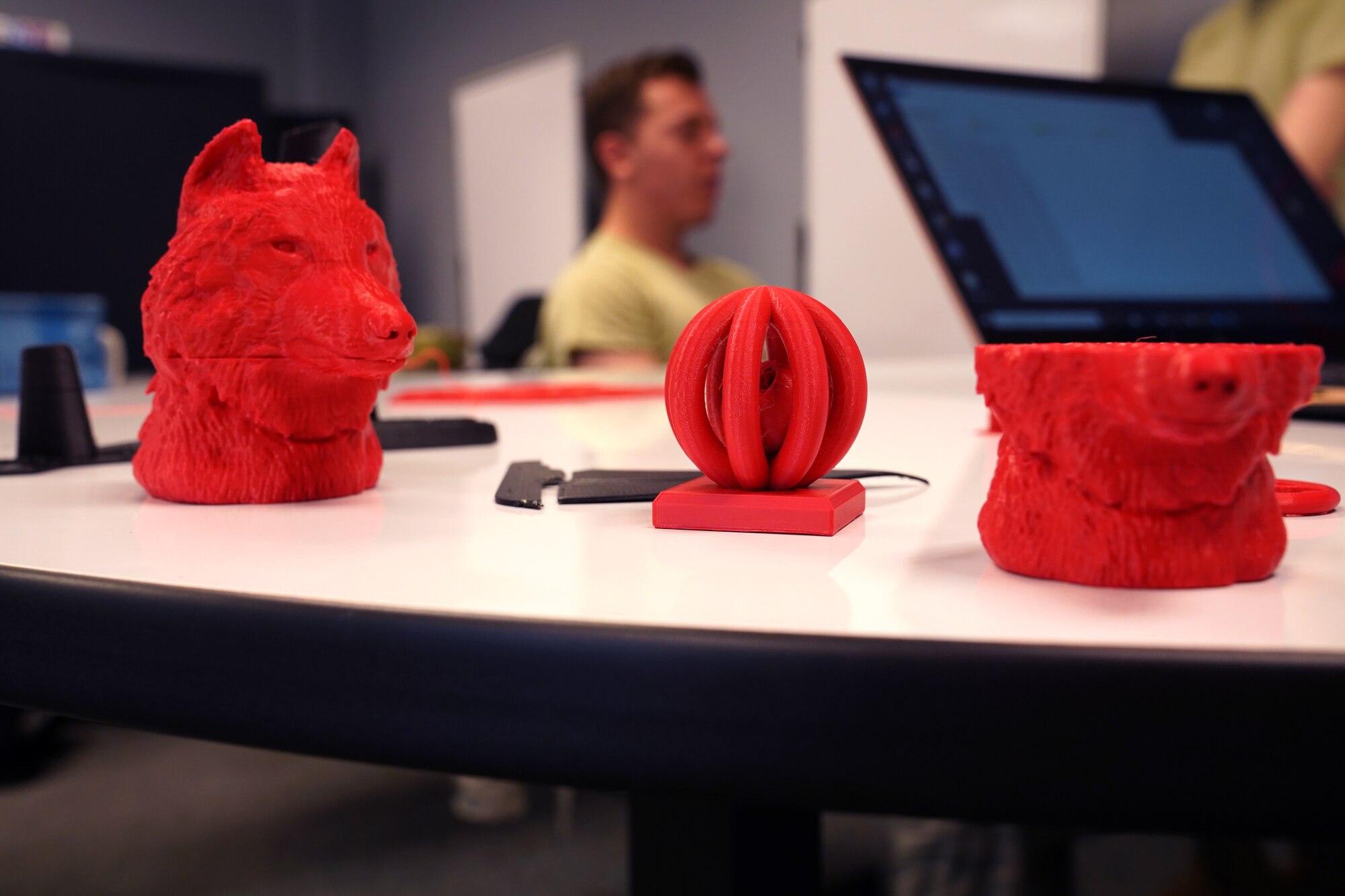 3D printed art is displayed inside Thompson Hall at Keesler Air Force Base, Mississippi, Jan. 24, 2020. The Computer Enthusiasts Club is held to give Airmen an opportunity to connect and explore their creativity and curiosity. The class included computer programming projects with artificial intelligence, coding, and 3D printing. (U.S. Air Force photo by Airman 1st Class Seth Haddix)