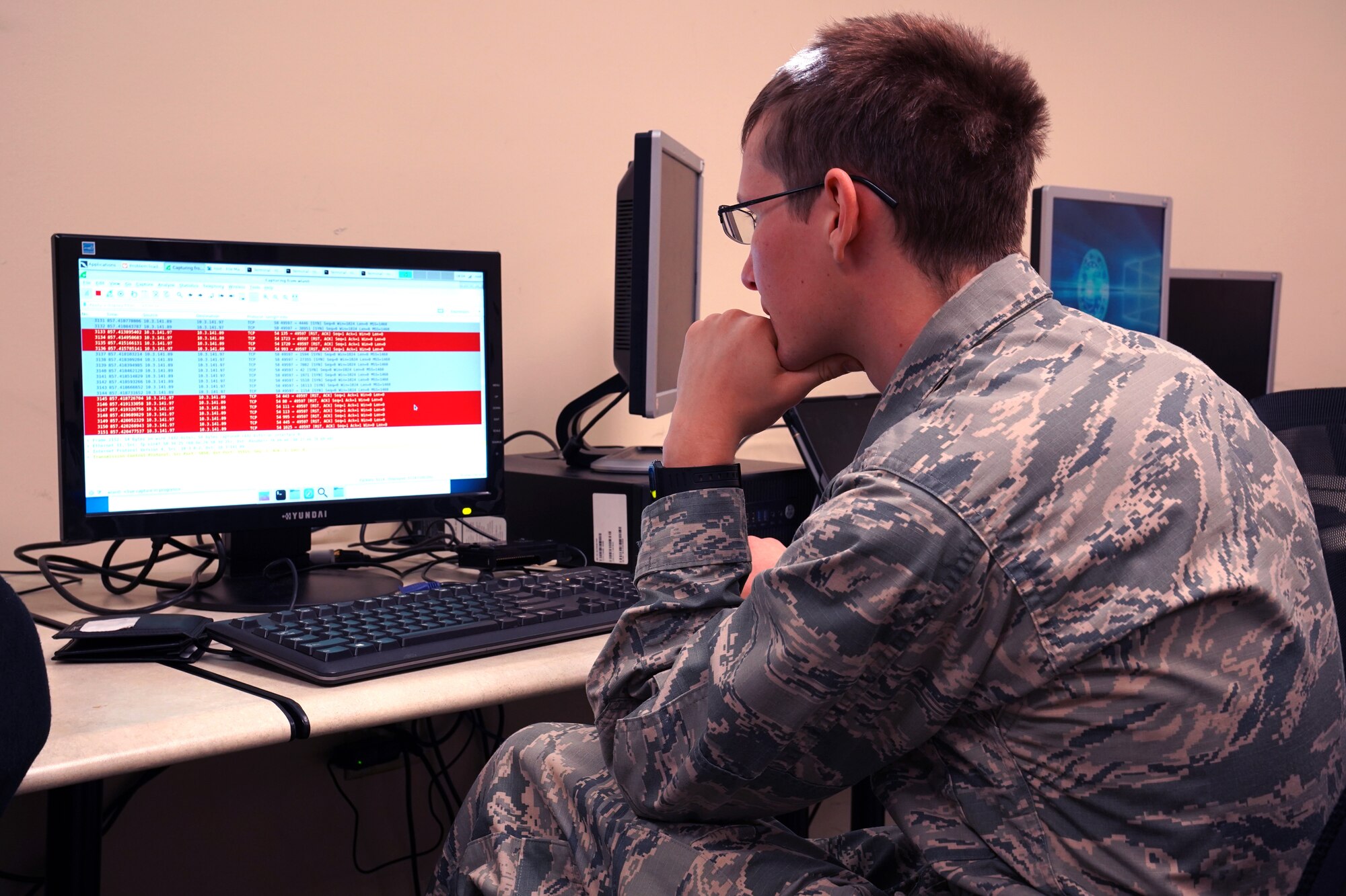 U.S. Air Force Airman Basic Dylan Molnar, 336th Training Squadron cyber surety student, works on computer coding project inside Thompson Hall at Keesler Air Force Base, Mississippi, Jan. 24, 2020. The Computer Enthusiasts Club is held to give Airmen an opportunity to connect and explore their creativity and curiosity. The class included computer programming projects with artificial intelligence, coding, and 3D printing. (U.S. Air Force photo Airman 1st Class Seth Haddix)