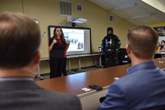 U.S. Air Force 17th Training Wing Violence Prevention Integrator Donna Casey discuses with San Angelo community leaders and several base action officers its role as a community partners during the Air Force Community Partnership Civic Partner Base Tour in the Goodfellow Resiliency Center on Goodfellow Air Force Base, Texas, Jan. 23, 2020. Casey demonstrated how they created extra resiliency and mental health measures to fulfill the growing community and base needs. (U.S. Air Force photo by Staff Sgt. Chad Warren)