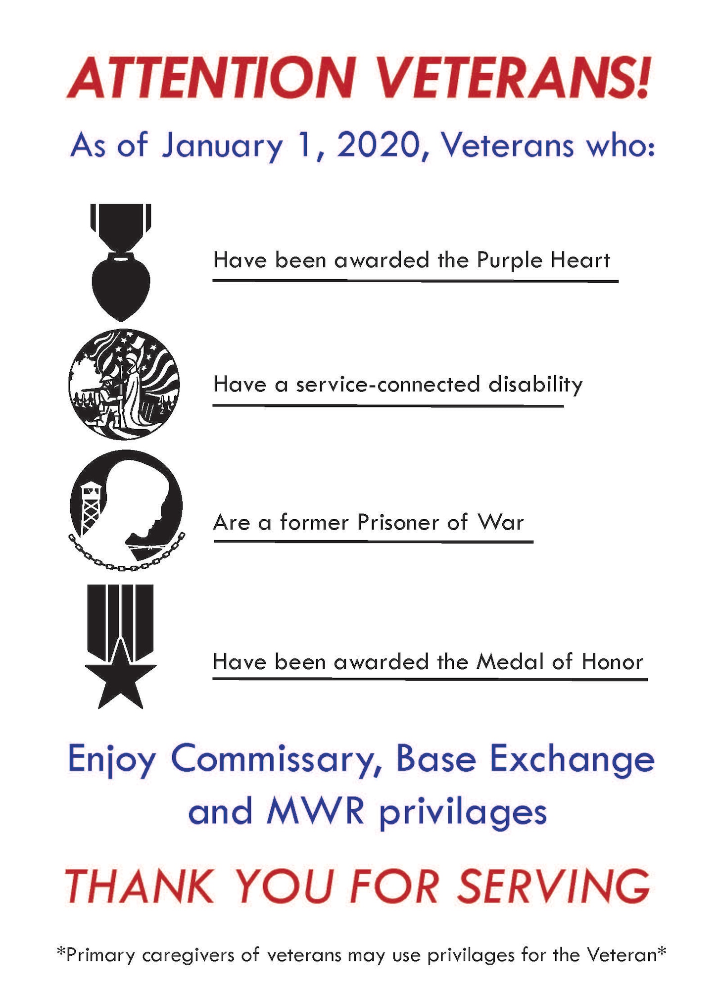 Commissaries, military exchanges and morale, welfare and recreation facilities are ready to welcome veterans with service-related sacrifices, as well as primary caregivers of veterans to enjoy the privileges of the new patronage expansion program.