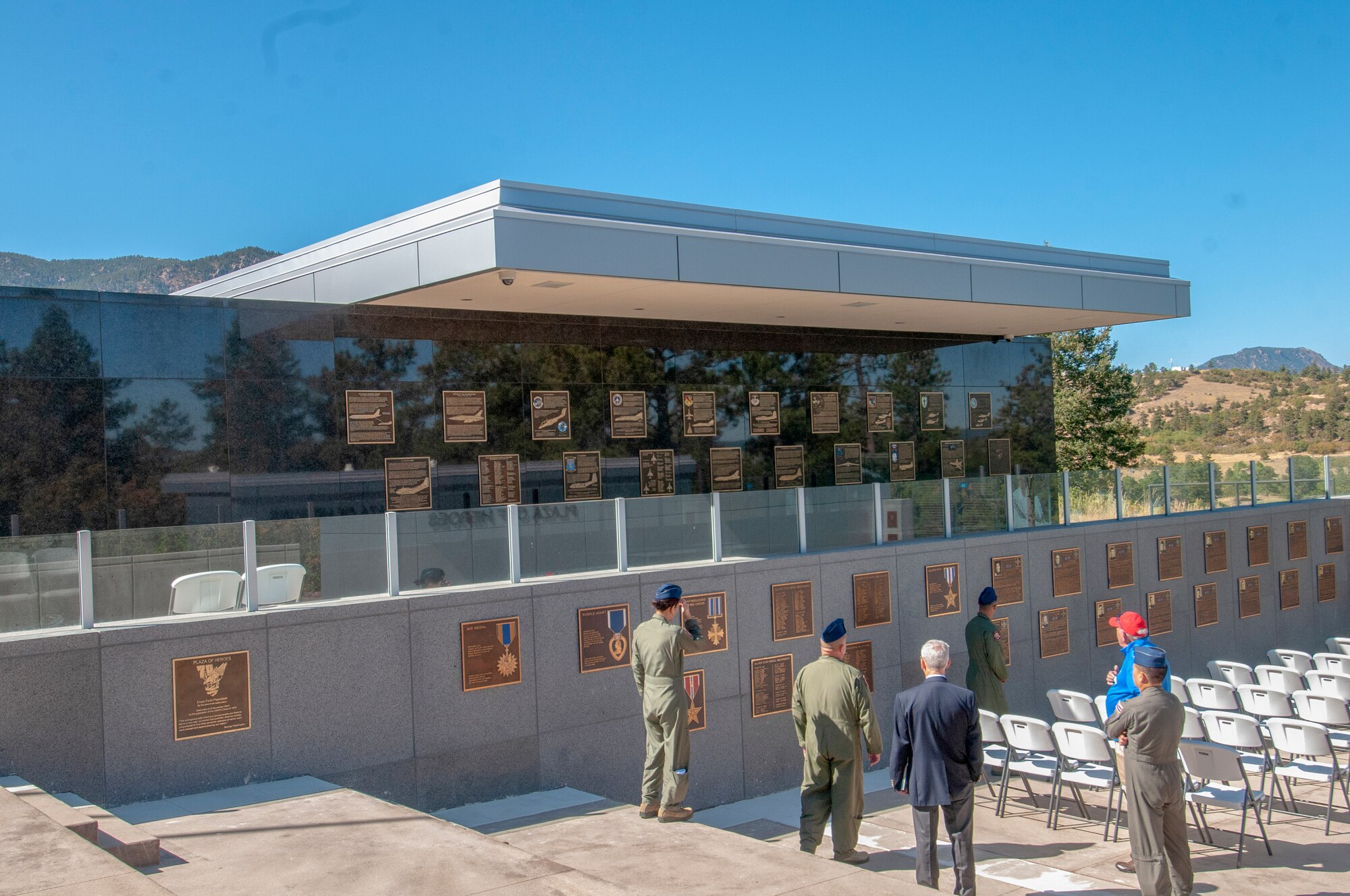 Hawaii Air National Guard airmen receive a tour of the Southeast Asia Plaza of Heroes memorial located at the U.S. Air Force Academy, Colorado Springs, CO, Oct. 2, 2019.