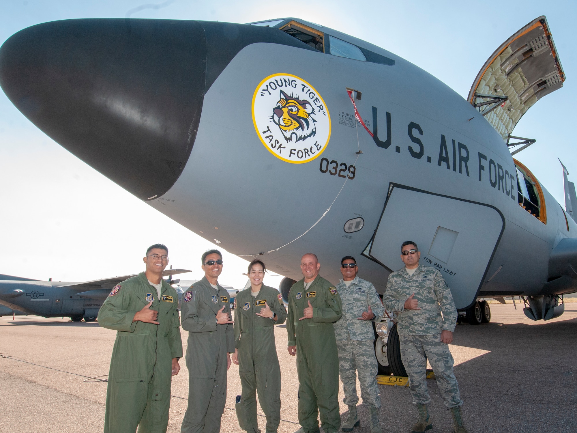 A team from the Hawaii Air National Guard pose for picture in front of KC-135 Stratotanker, tail number 60-0329, Oct. 2, 2019, Colorado Springs, CO.