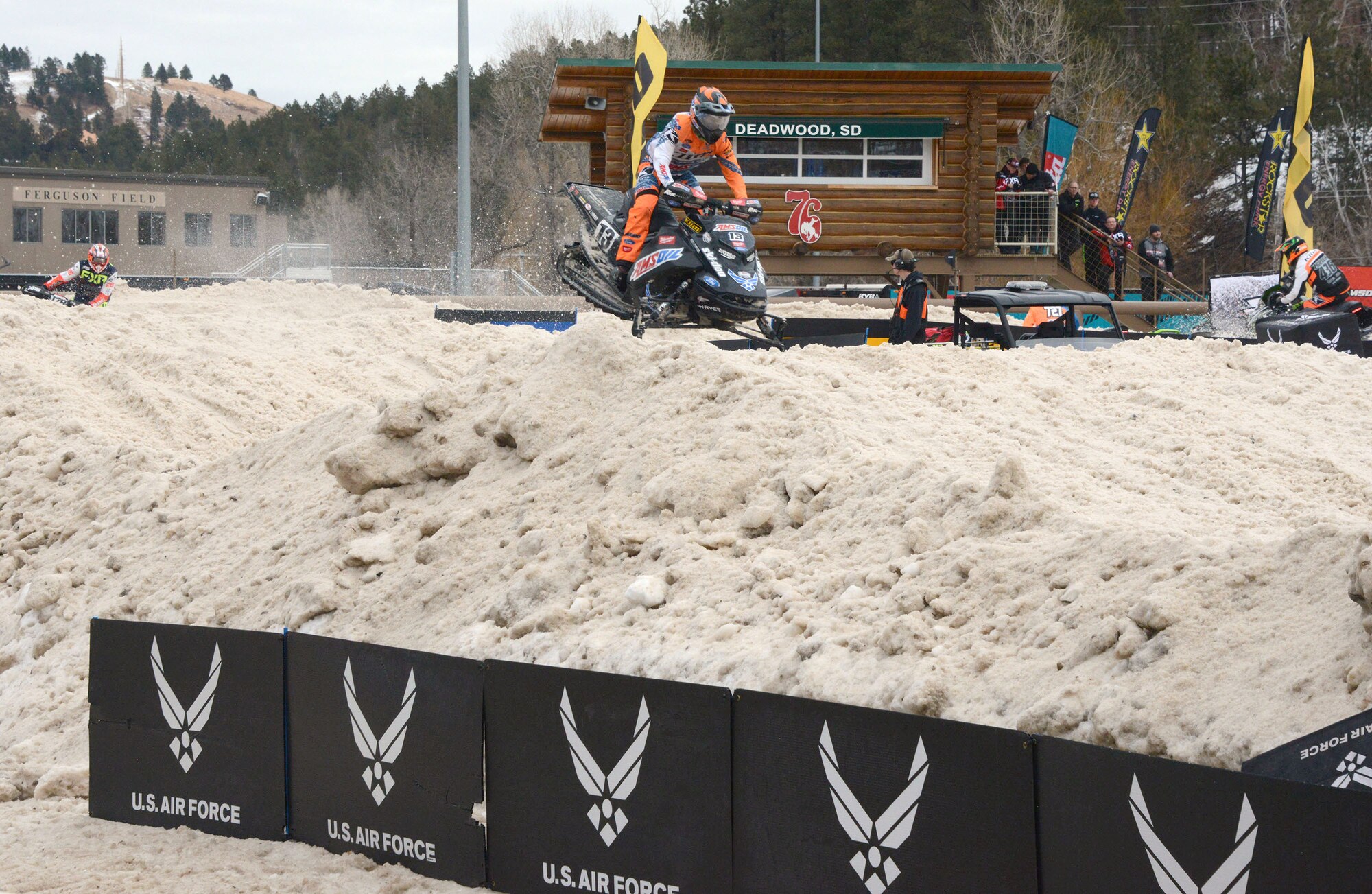 Air Force sponsored Snocross driver Hunter Patenaude, making it around the track during qualifying for the U.S. Air Force Snocross National in Deadwood, South Dakota.