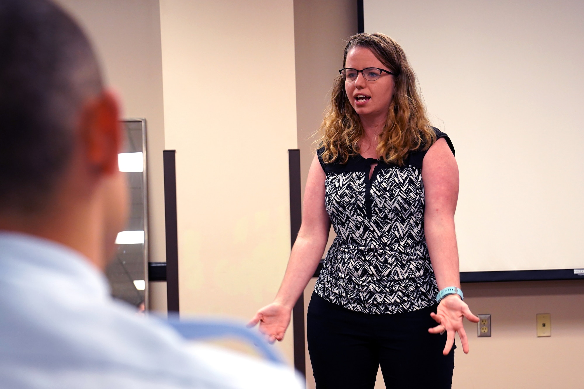 Whitney Stone, 336th Training Squadron instructor, teaches the Goal Setting and Reflection Class inside Holbrook Manor at Keesler Air Force Base, Mississippi Jan. 22, 2020. The class was held to improve the productivity and resilience of the new Airmen in the 336th TRS. (U.S. Air Force photo by Airman 1st Class Seth Haddix)
