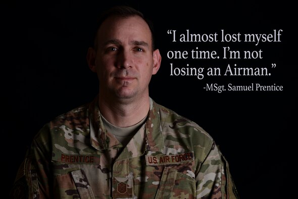 Master Sgt. Samuel Prentice, 22nd Civil Engineer Squadron first sergeant, poses for a photo Jan. 24, 2020, at McConnell Air Force Base, Kansas. Prentice is one of the first volunteers to share his experience with personal struggles as part of the Beyond the Blue initiative. The initiative aims to normalize help seeking behaviors, and assure Airmen they can benefit from pursuing help. (U.S. Air Force Photo Illustration by Airman First Class Nilsa E. Garcia)