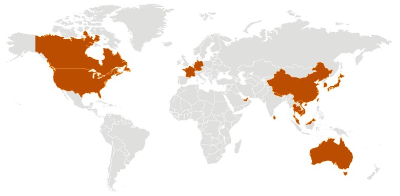 Map with several countries, including the United States, in red.