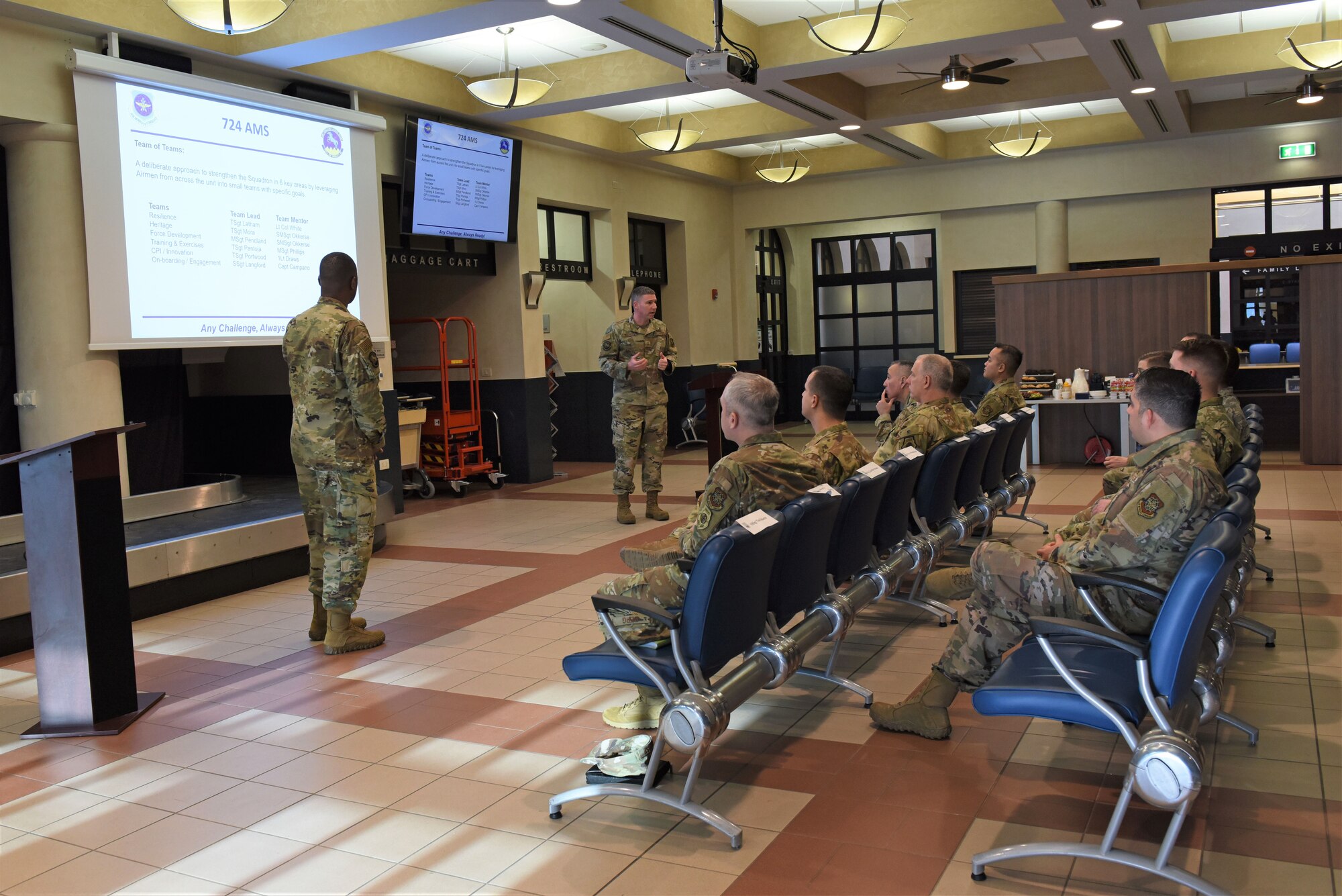 U.S. Air Force Senior Master Sgt. Tim Okkerse, 724th Air Mobility Squadron superintendent, briefs U.S. Air Force Expeditionary Center leadership during a site visit at Aviano Air Base, Italy, Jan. 24, 2020. U.S. Air Force Expeditionary Center leadership visited Aviano Air Base as part of a larger visit to the geographically separated units under the 521st Air Mobility Operations Wing’s area of responsibility.