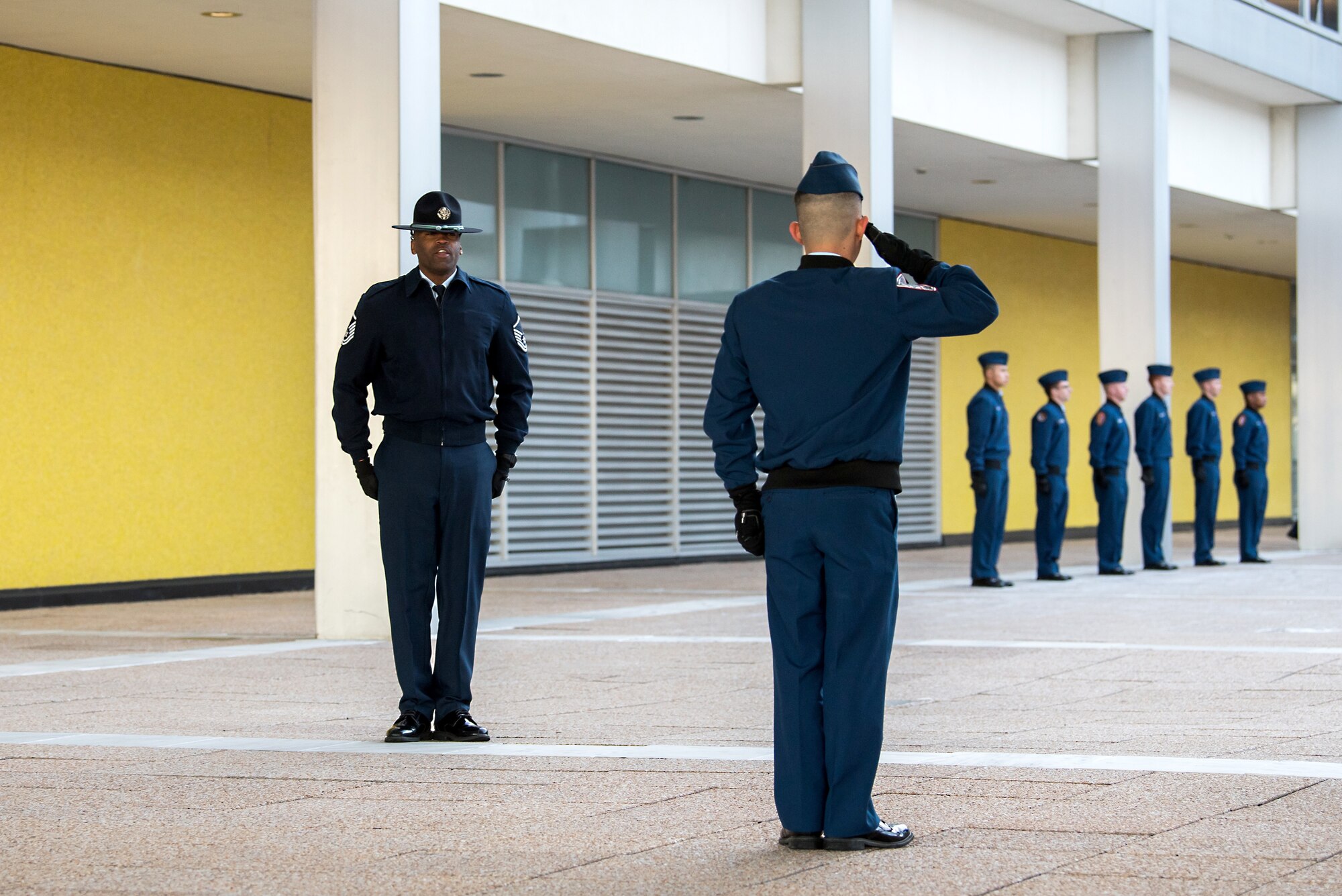 Master Sgt. Marcus Coley, a military training instructor, observes cadet training at the U.S. Air Force Academy, Jan. 29, 2020. The Academy is adding five MTIs to its Cadet Wing staff to enhance the military training program (U.S. Air Force photo/Trevor Cokley).
