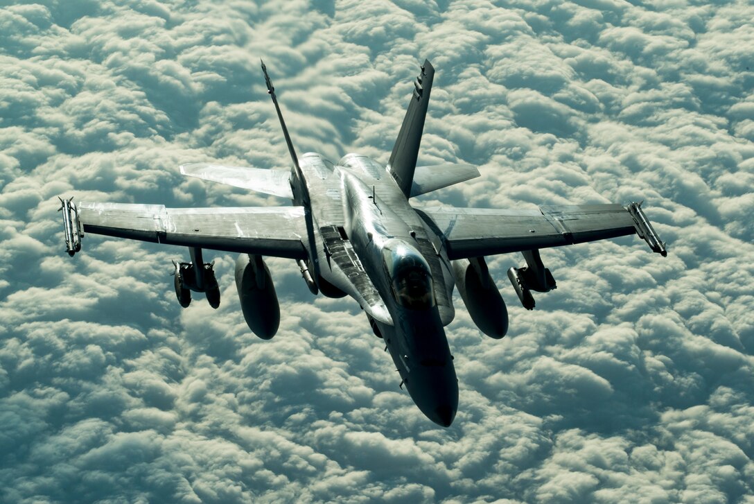 A U.S Marine Corps F/A-18 Hornet assigned to the Marine Fighter Attack Squadron (VMFA) 251 flies over the U.S. Central Command area of responsibility, Jan. 22, 2020.