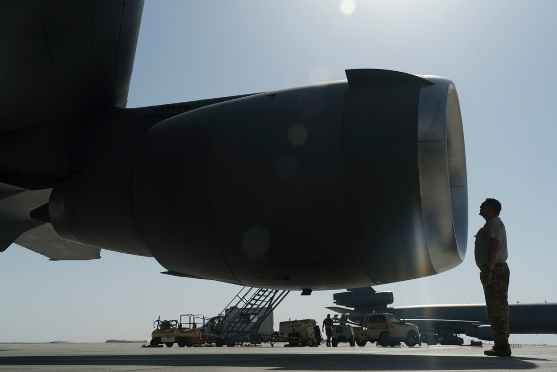A U.S. Air Force flight engineer assigned to the 908th Expeditionary Air Refueling Squadron checks the turbines on A KC-10 Extender at Al Dhafra Air Base, United Arab Emirates, Jan. 22, 2020.