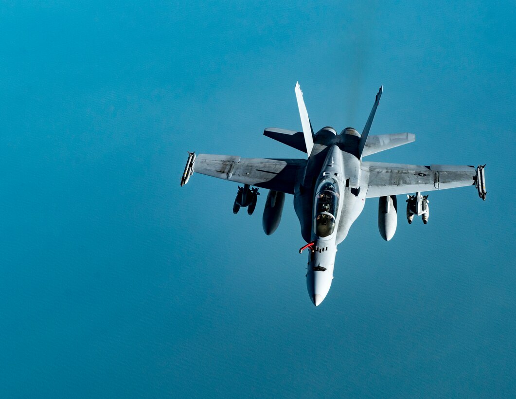 A U.S Marine Corps F/A-18 Hornet assigned to the Marine Fighter Attack Squadron (VMFA) 251 flies over the U.S. Central Command area of responsibility, Jan. 22, 2020.