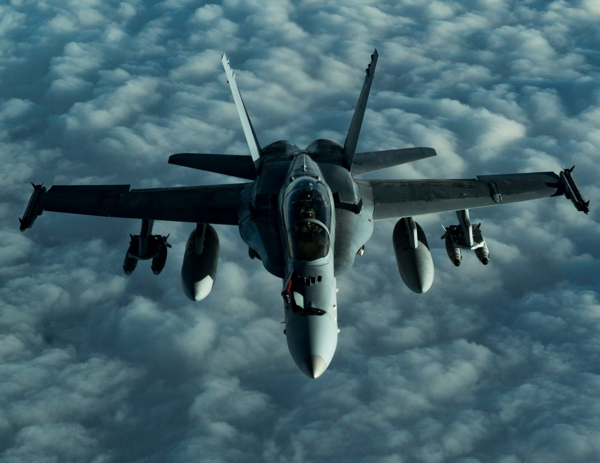 A U.S Marine Corps F/A-18 Hornet assigned to the Marine Fighter Attack Squadron (VMFA) 251 flies over the U.S. Central Command area of responsibility, Jan. 22, 2020.