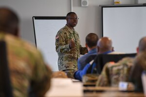 U.S. Army Sgt. 1st Class Segun Ayodele, Army Health Promotion Program Ready and Resilient Performance Center program manager, addresses the class during the Master Resilience Training course at Joint Base Langley-Eustis, Virginia, Jan. 28, 2020.