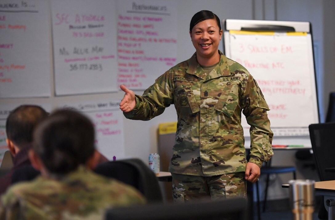 U.S. Army Sgt. Maj. Abby Macdonald, 733rd Mission Support Group command sergeant major, discusses the importance of resilience skills during the Master Resilience Training course at Joint Base Langley-Eustis, Virginia, Jan. 28, 2020.
