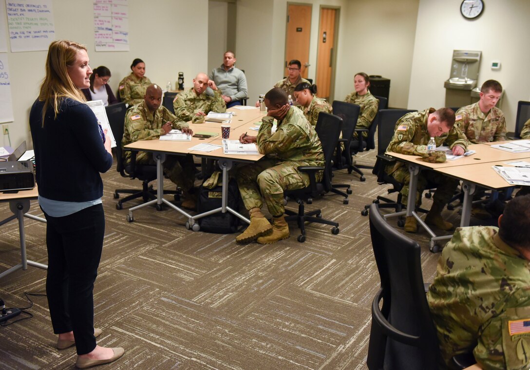 A Master Resilience Training course instructor discusses resilience and performance skills during the MRT course at Joint Base Langley-Eustis, Virginia, Jan. 28, 2020.