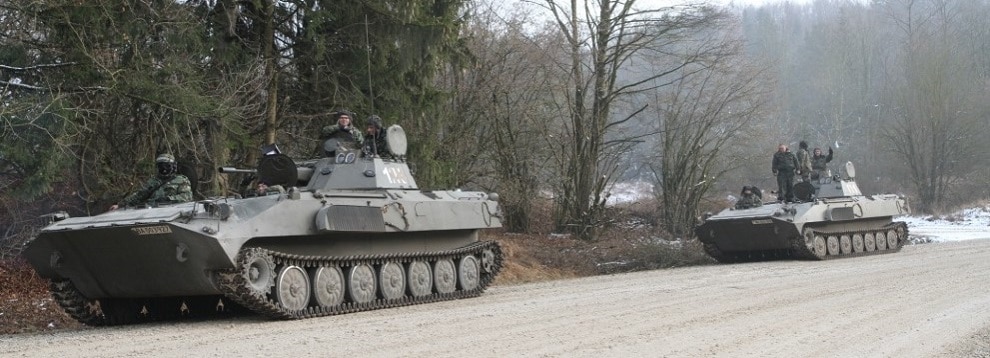 Two Bulgarian tanks line up for a convoy during Combined Resolve XIII at the Joint Multinational Readiness Center in Hohenfehls, Germany Jan. 25, 2020. Combined Resolve is an exercise in which military members from 17 countries work together to improve readiness and interoperability. 