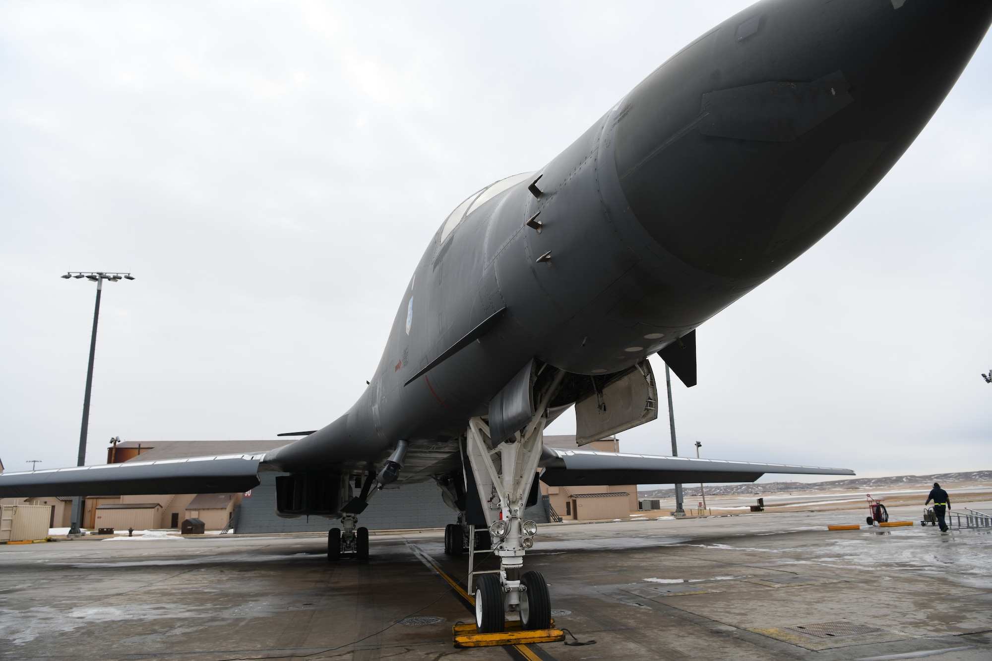 A 37th Bomb Squadron B-1B Lancer is prepped for Red Flag 20-1 at Ellsworth Air Force Base, S.D., Jan. 22, 2020. Red Flag is a two-week advanced aerial combat training exercise held several times a year by the U.S. Air Force. (U.S. Air Force photo by Senior Airman Nicolas Z. Erwin)