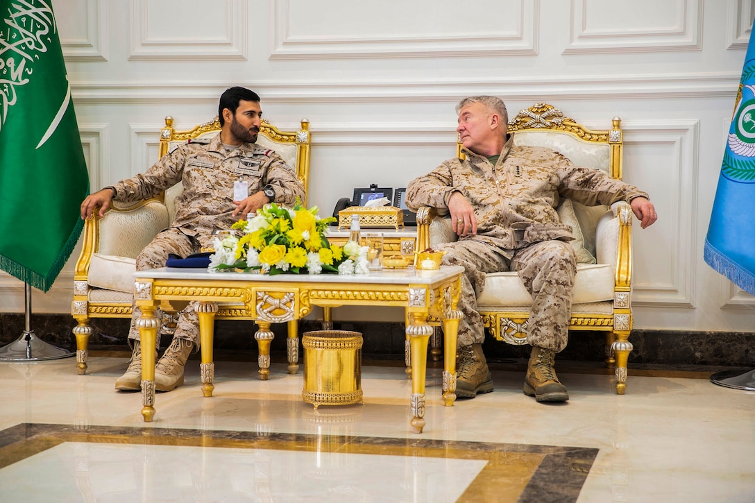 U.S. Marine Corps Gen. Kenneth F. McKenzie Jr., the commander of U.S. Central Command, right, meets with Brig. Gen. Nasser Mohammed Al-Dossari, the Royal Saudi Air Force Operations Support Wing Commander, Jan. 29, 2019. (U.S. Marine Corps photo by Sgt. Roderick Jacquote)